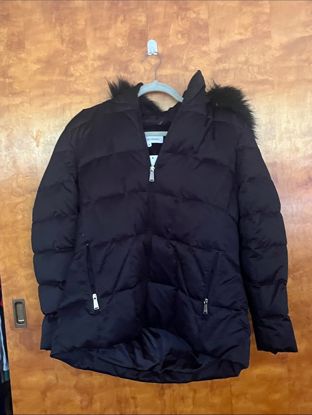 Calvin Klein Black Quilted Puffer Coat with Faux Fur Hood Trim